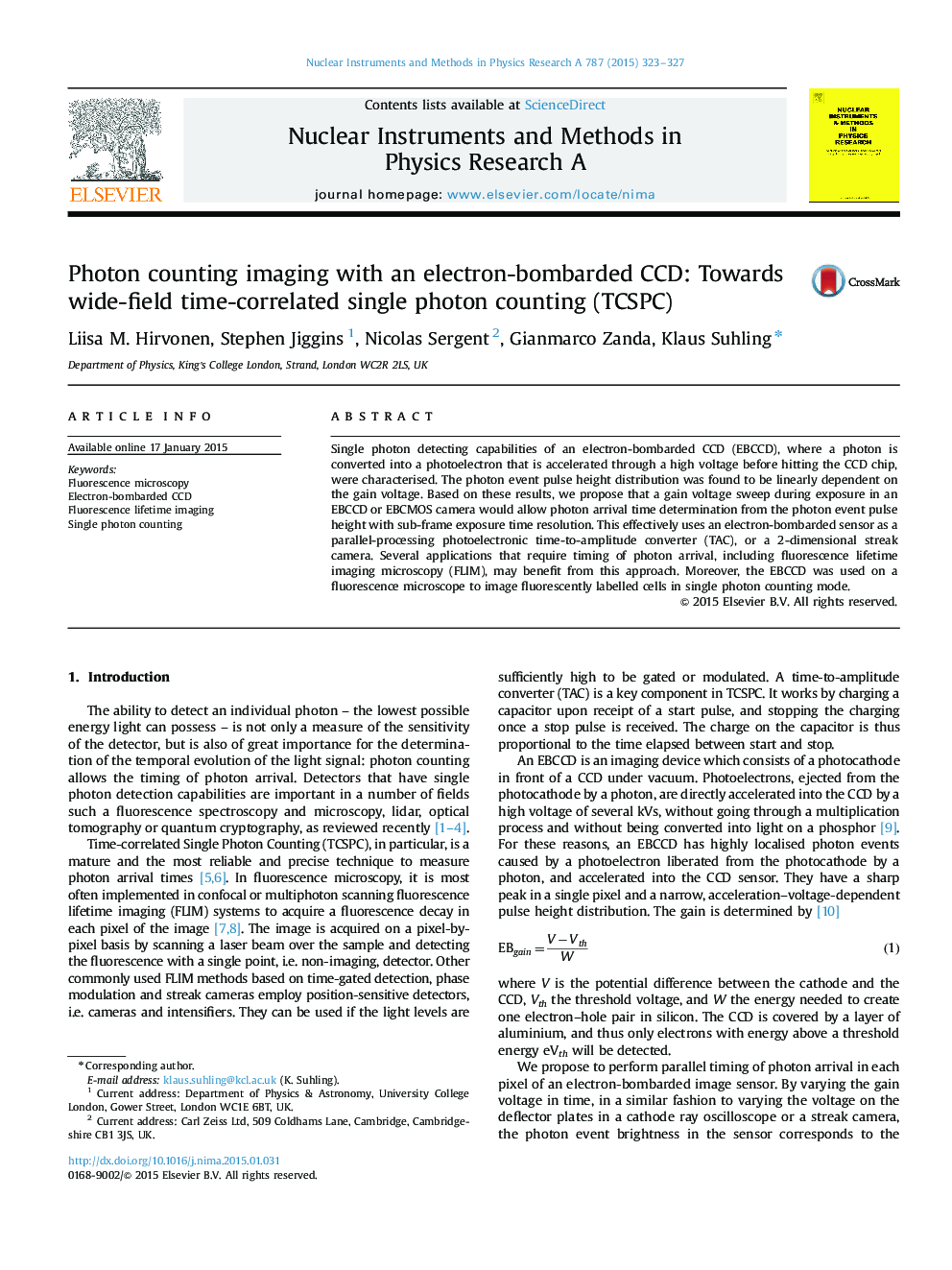 عکس صفحه اول مقاله: Photon counting imaging with an electron-bombarded CCD: Towards wide-field time-correlated single photon counting (TCSPC) Photon counting imaging with an electron-bombarded CCD: Towards wide-field time-correlated single photon counting (TCSPC)