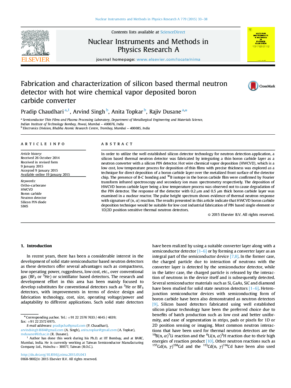 Fabrication and characterization of silicon based thermal neutron detector with hot wire chemical vapor deposited boron carbide converter
