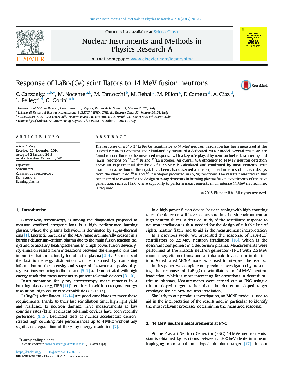 Response of LaBr3(Ce) scintillators to 14Â MeV fusion neutrons