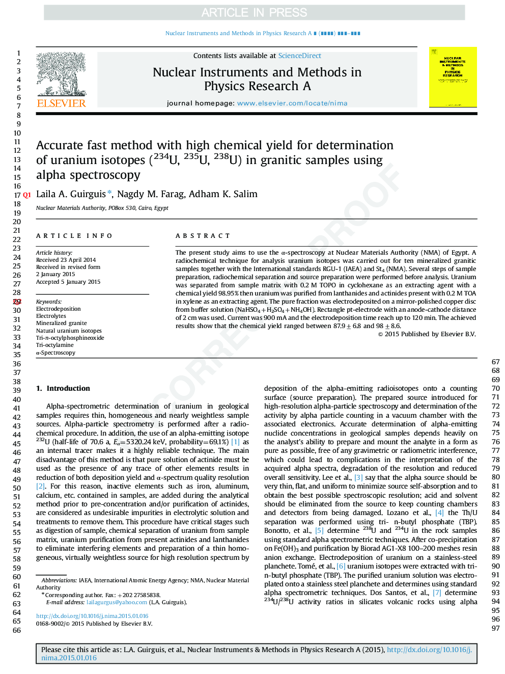 Accurate fast method with high chemical yield for determination of uranium isotopes (234U, 235U, 238U) in granitic samples using alpha spectroscopy