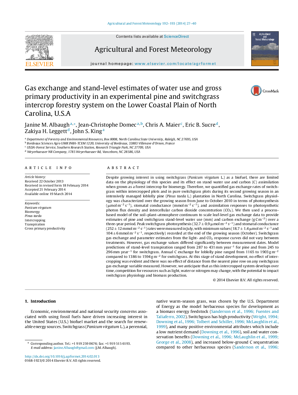 Gas exchange and stand-level estimates of water use and gross primary productivity in an experimental pine and switchgrass intercrop forestry system on the Lower Coastal Plain of North Carolina, U.S.A