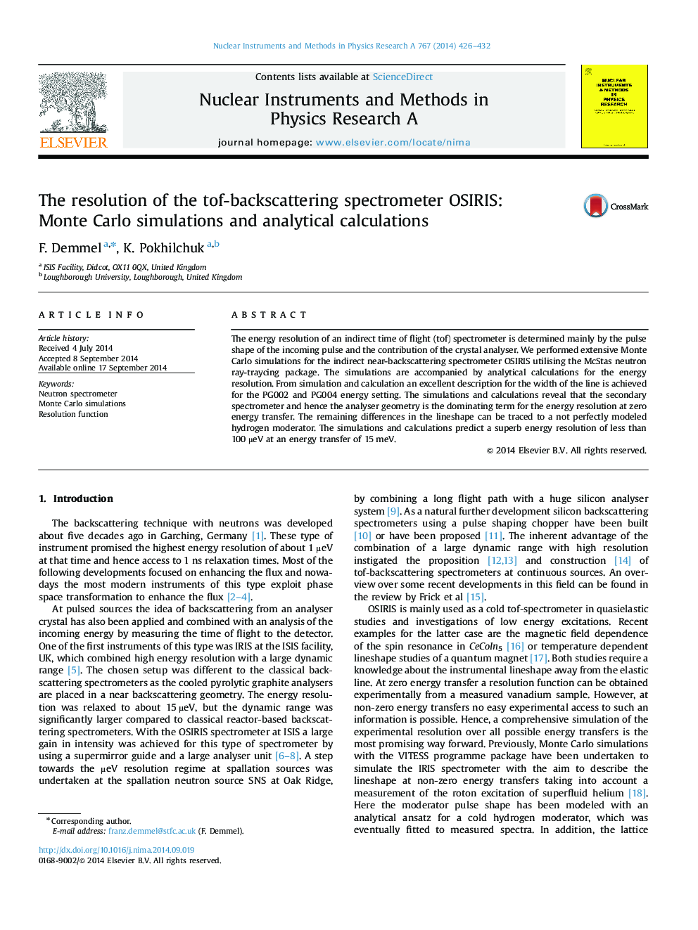 The resolution of the tof-backscattering spectrometer OSIRIS: Monte Carlo simulations and analytical calculations