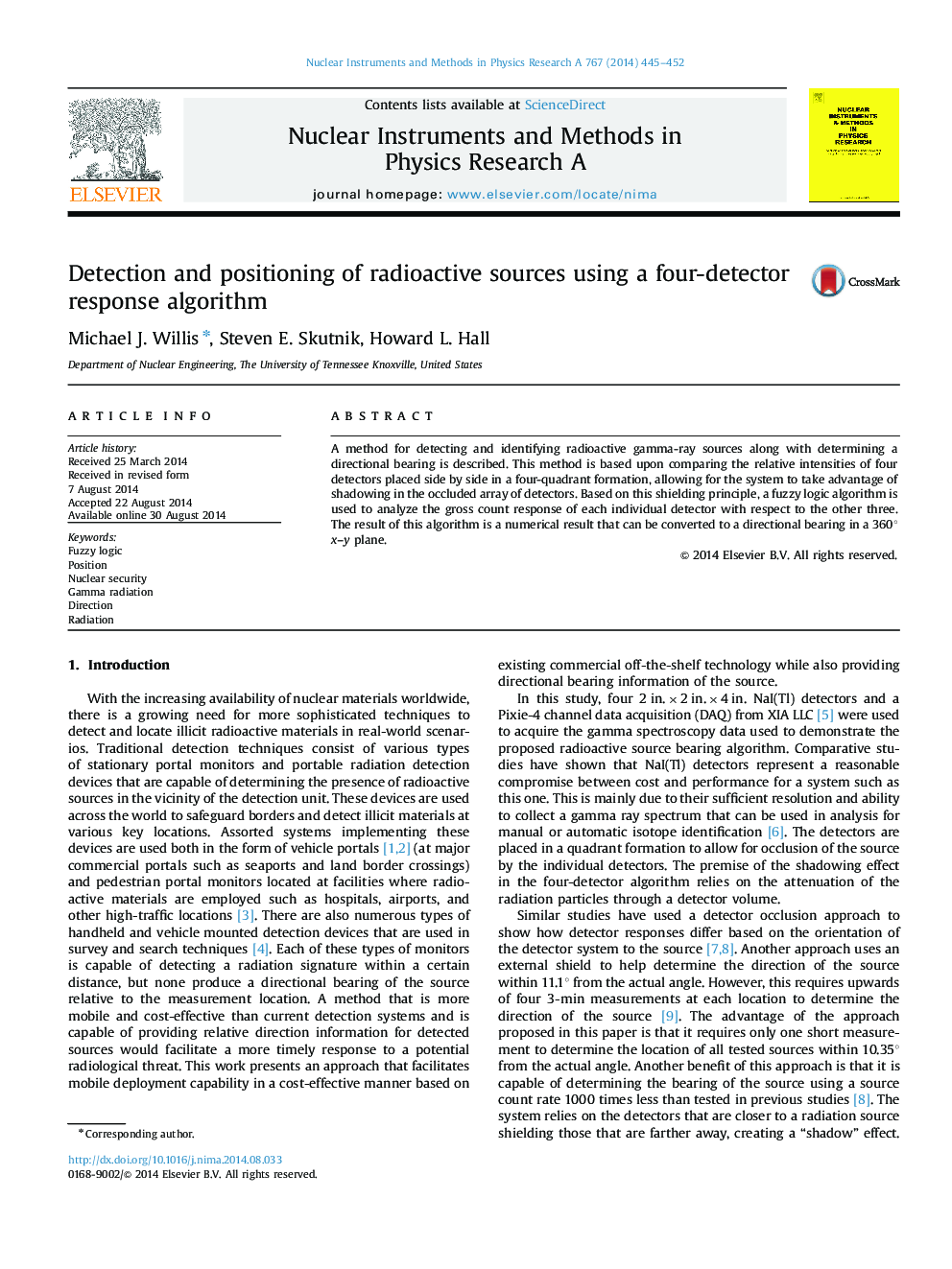 Detection and positioning of radioactive sources using a four-detector response algorithm