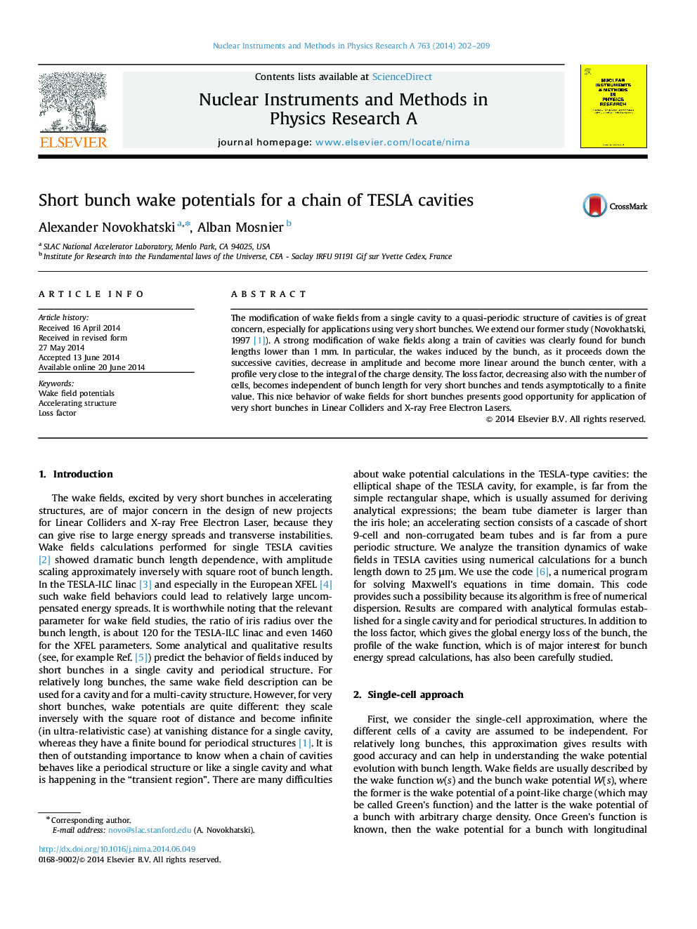 Short bunch wake potentials for a chain of TESLA cavities