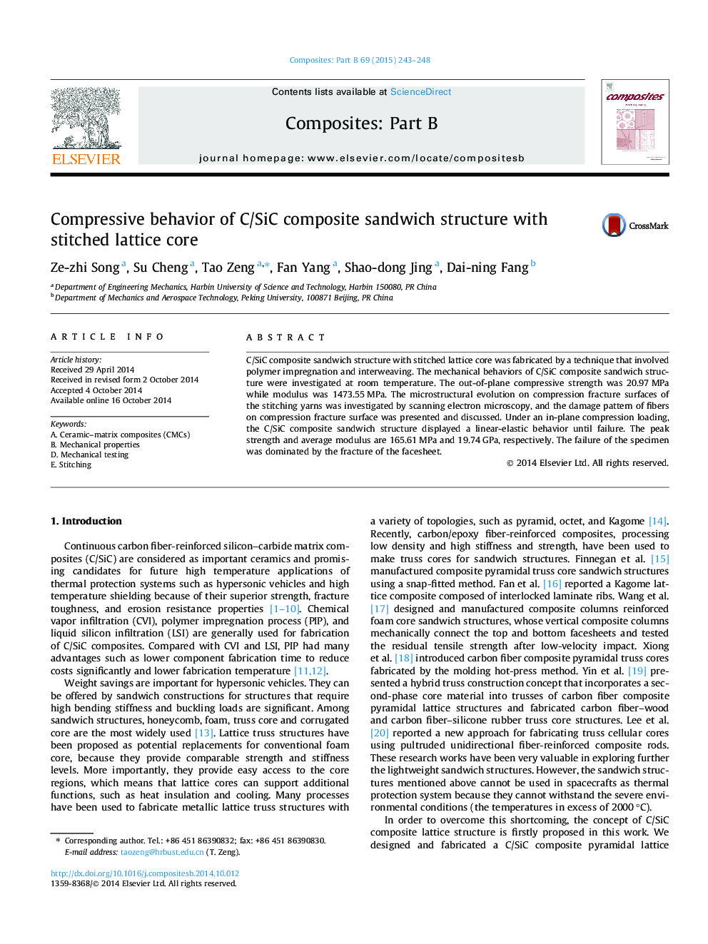 Compressive behavior of C/SiC composite sandwich structure with stitched lattice core