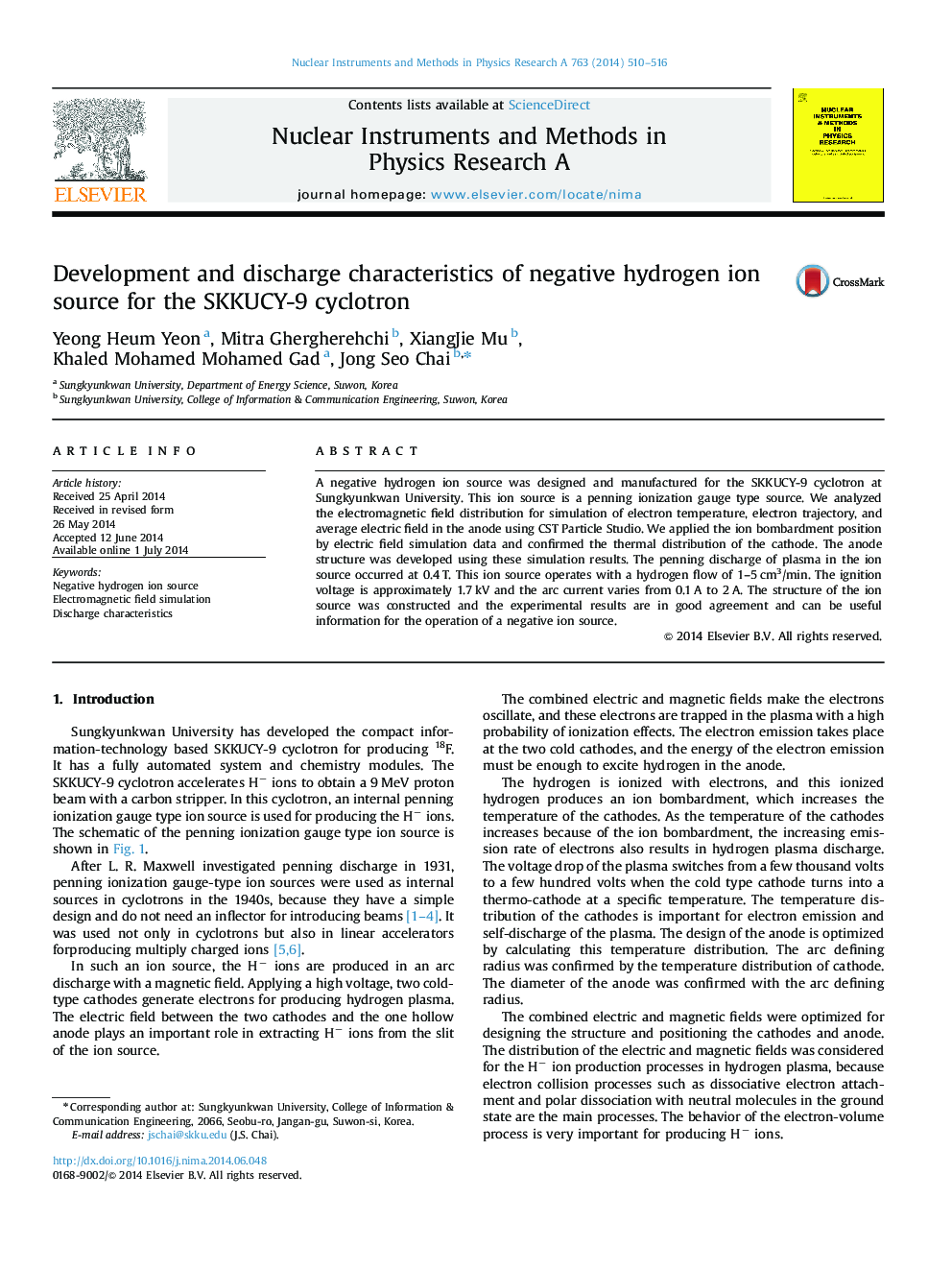 Development and discharge characteristics of negative hydrogen ion source for the SKKUCY-9 cyclotron