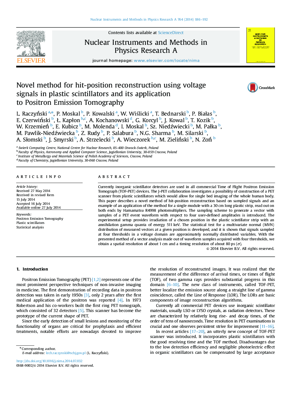 Novel method for hit-position reconstruction using voltage signals in plastic scintillators and its application to Positron Emission Tomography