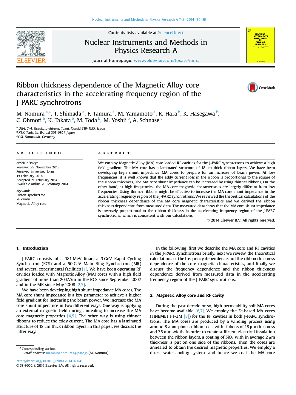 Ribbon thickness dependence of the Magnetic Alloy core characteristics in the accelerating frequency region of the J-PARC synchrotrons