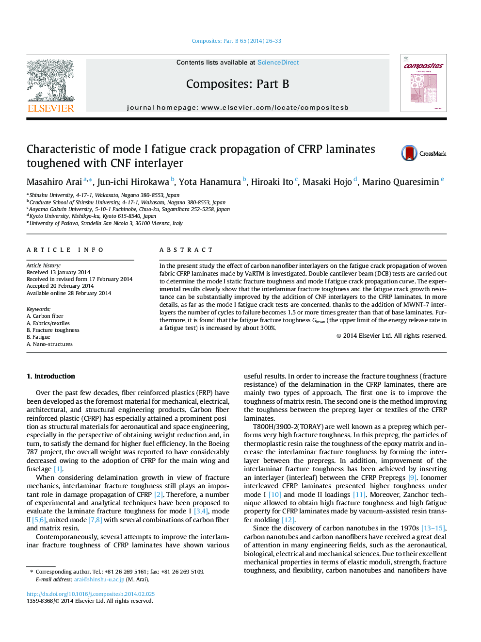 Characteristic of mode I fatigue crack propagation of CFRP laminates toughened with CNF interlayer