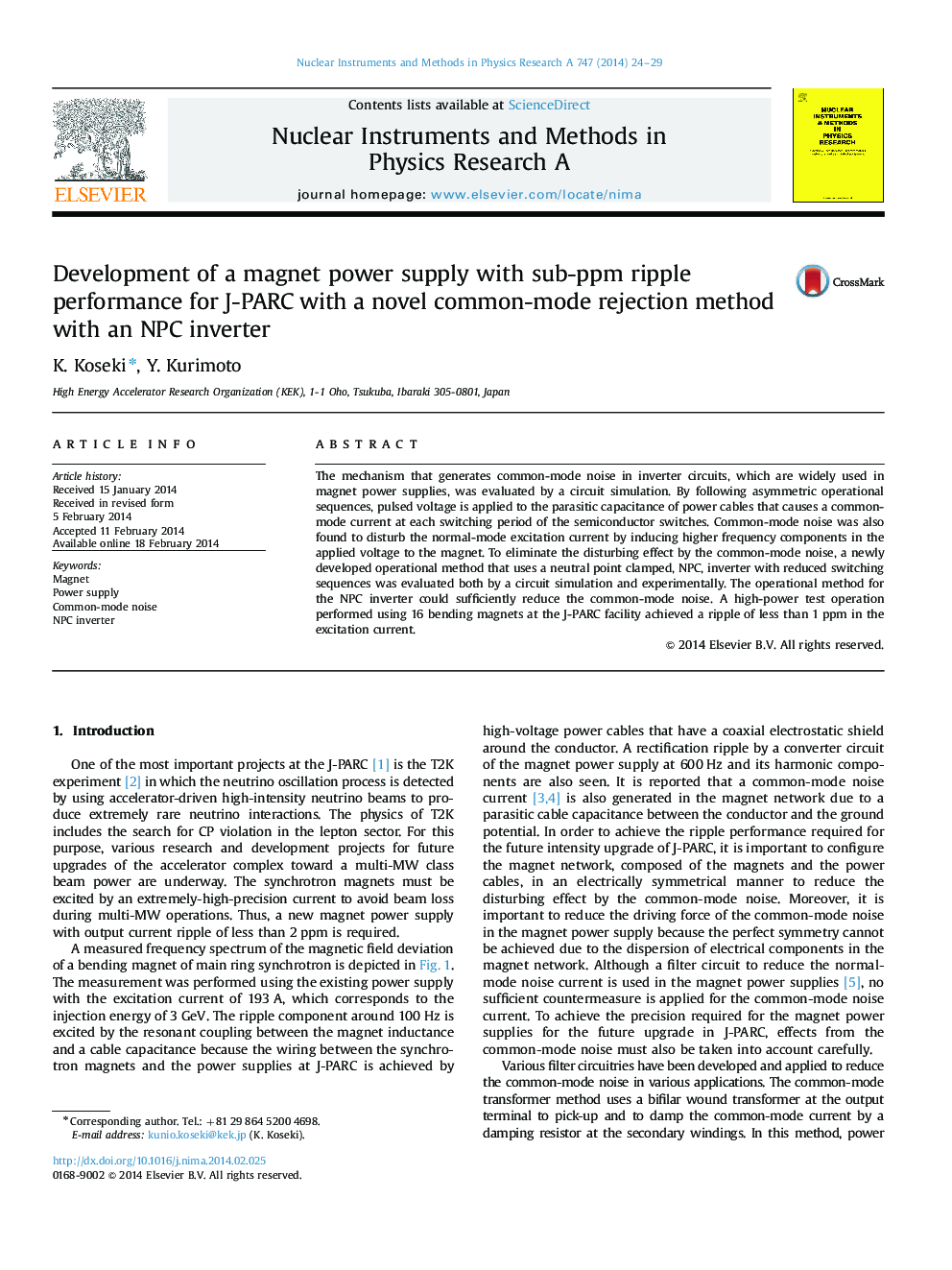 Development of a magnet power supply with sub-ppm ripple performance for J-PARC with a novel common-mode rejection method with an NPC inverter