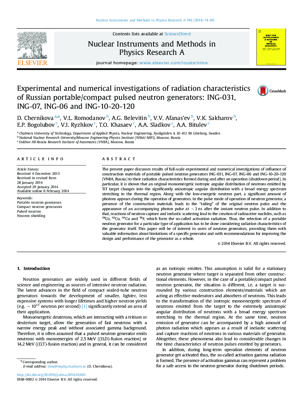 Experimental and numerical investigations of radiation characteristics of Russian portable/compact pulsed neutron generators: ING-031, ING-07, ING-06 and ING-10-20-120