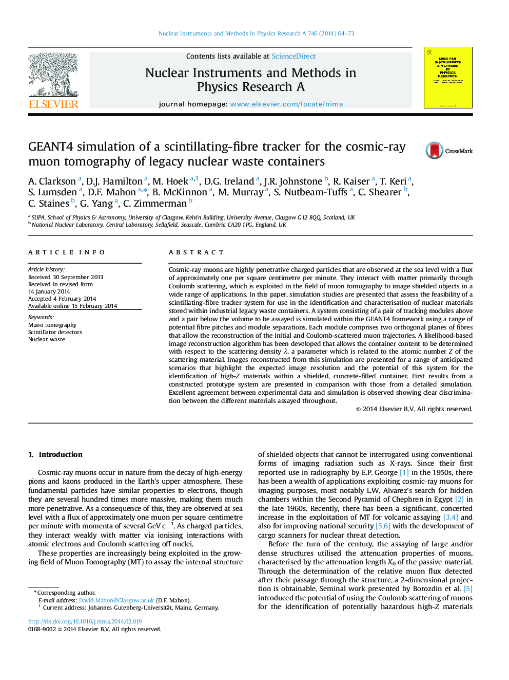 GEANT4 simulation of a scintillating-fibre tracker for the cosmic-ray muon tomography of legacy nuclear waste containers