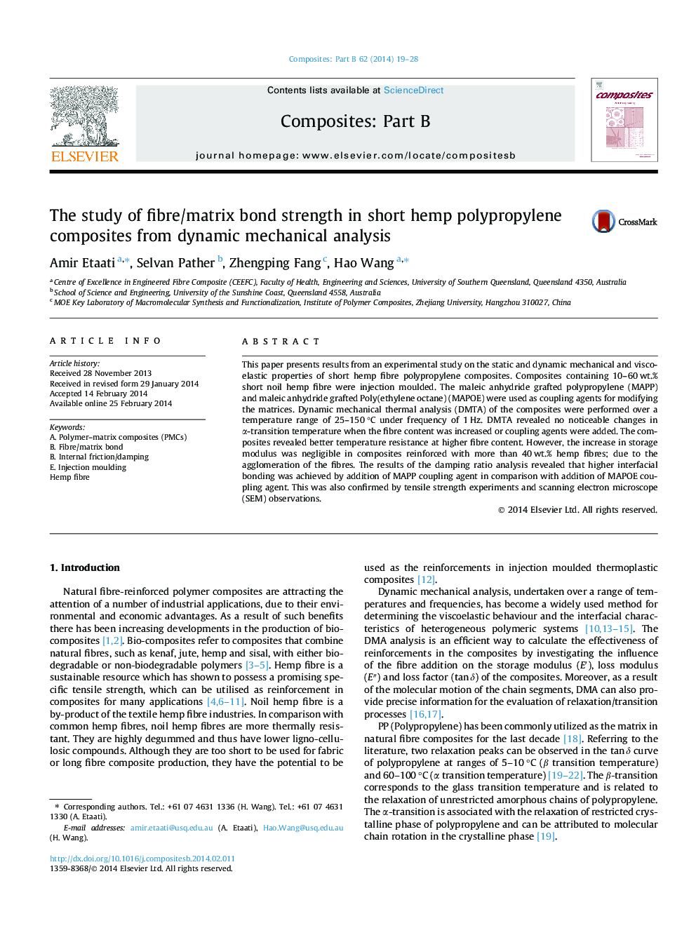 The study of fibre/matrix bond strength in short hemp polypropylene composites from dynamic mechanical analysis