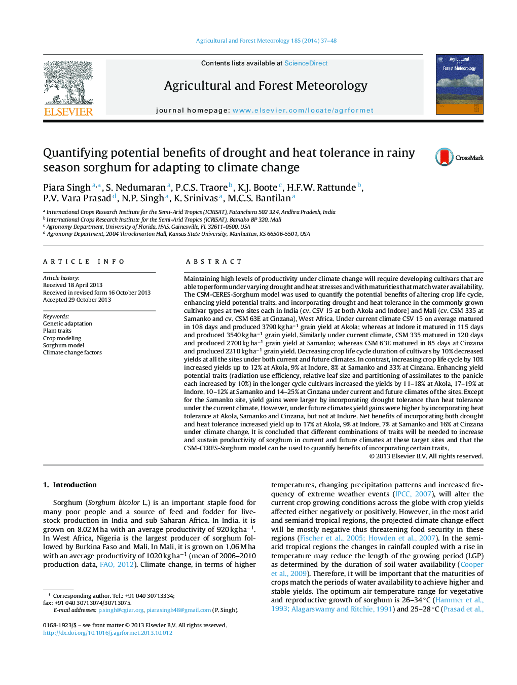 Quantifying potential benefits of drought and heat tolerance in rainy season sorghum for adapting to climate change