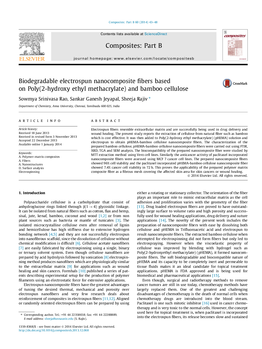 Biodegradable electrospun nanocomposite fibers based on Poly(2-hydroxy ethyl methacrylate) and bamboo cellulose