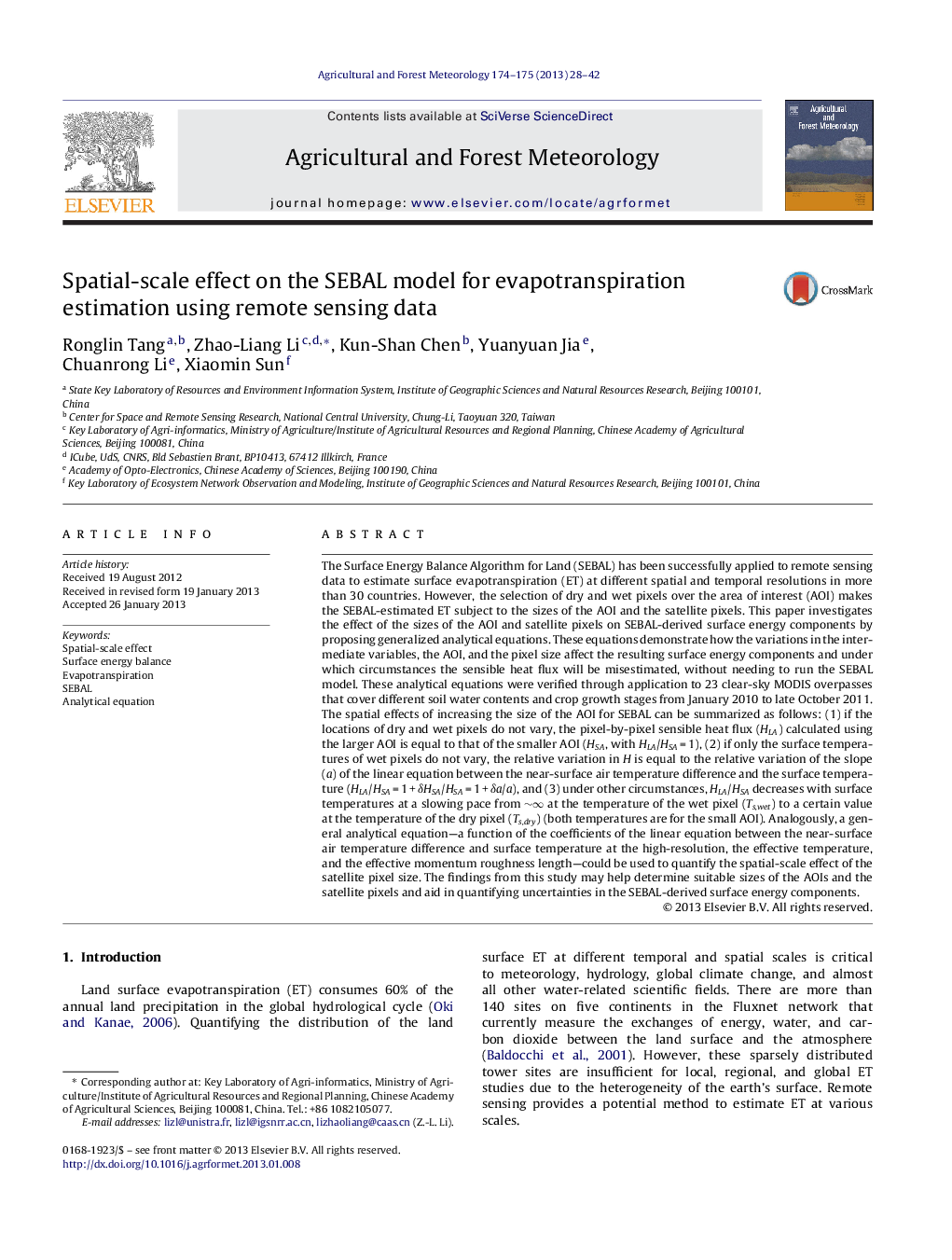 Spatial-scale effect on the SEBAL model for evapotranspiration estimation using remote sensing data