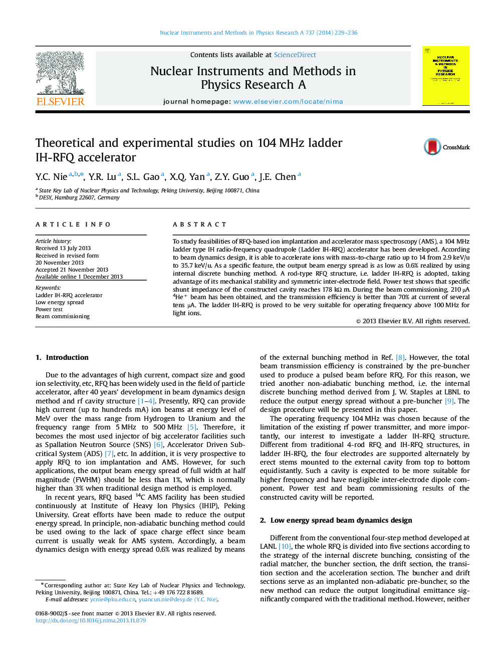 Theoretical and experimental studies on 104Â MHz ladder IH-RFQ accelerator