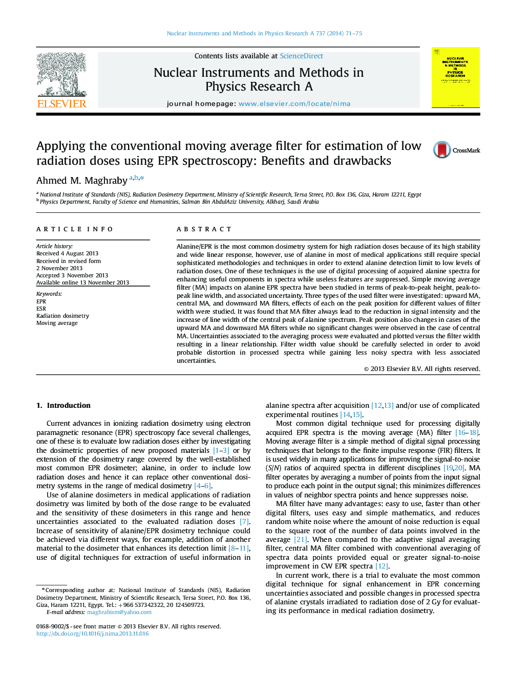 Applying the conventional moving average filter for estimation of low radiation doses using EPR spectroscopy: Benefits and drawbacks