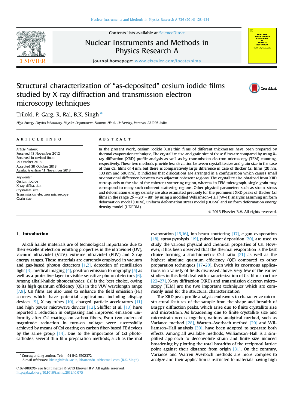 Structural characterization of “as-deposited” cesium iodide films studied by X-ray diffraction and transmission electron microscopy techniques