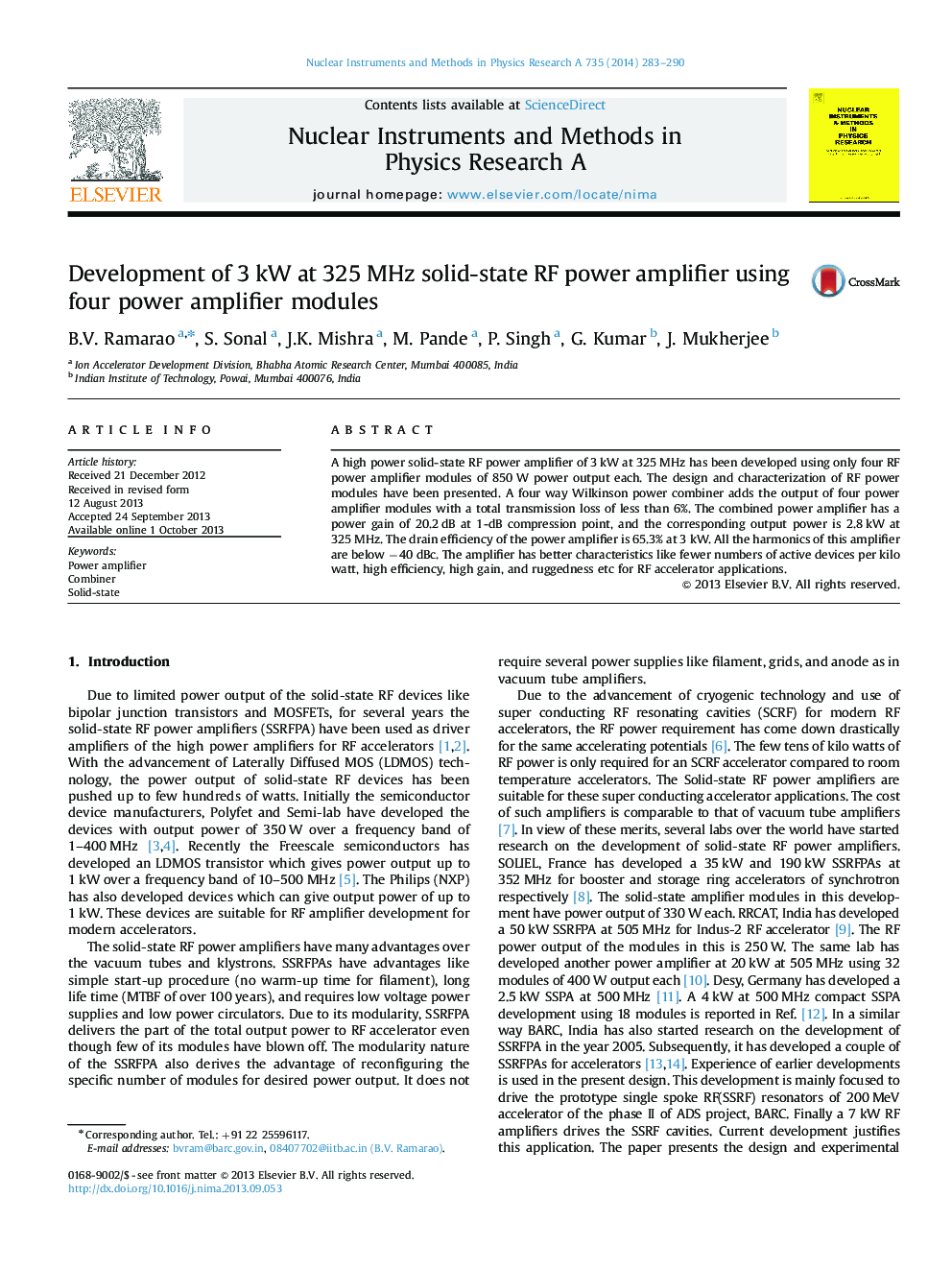 Development of 3Â kW at 325Â MHz solid-state RF power amplifier using four power amplifier modules