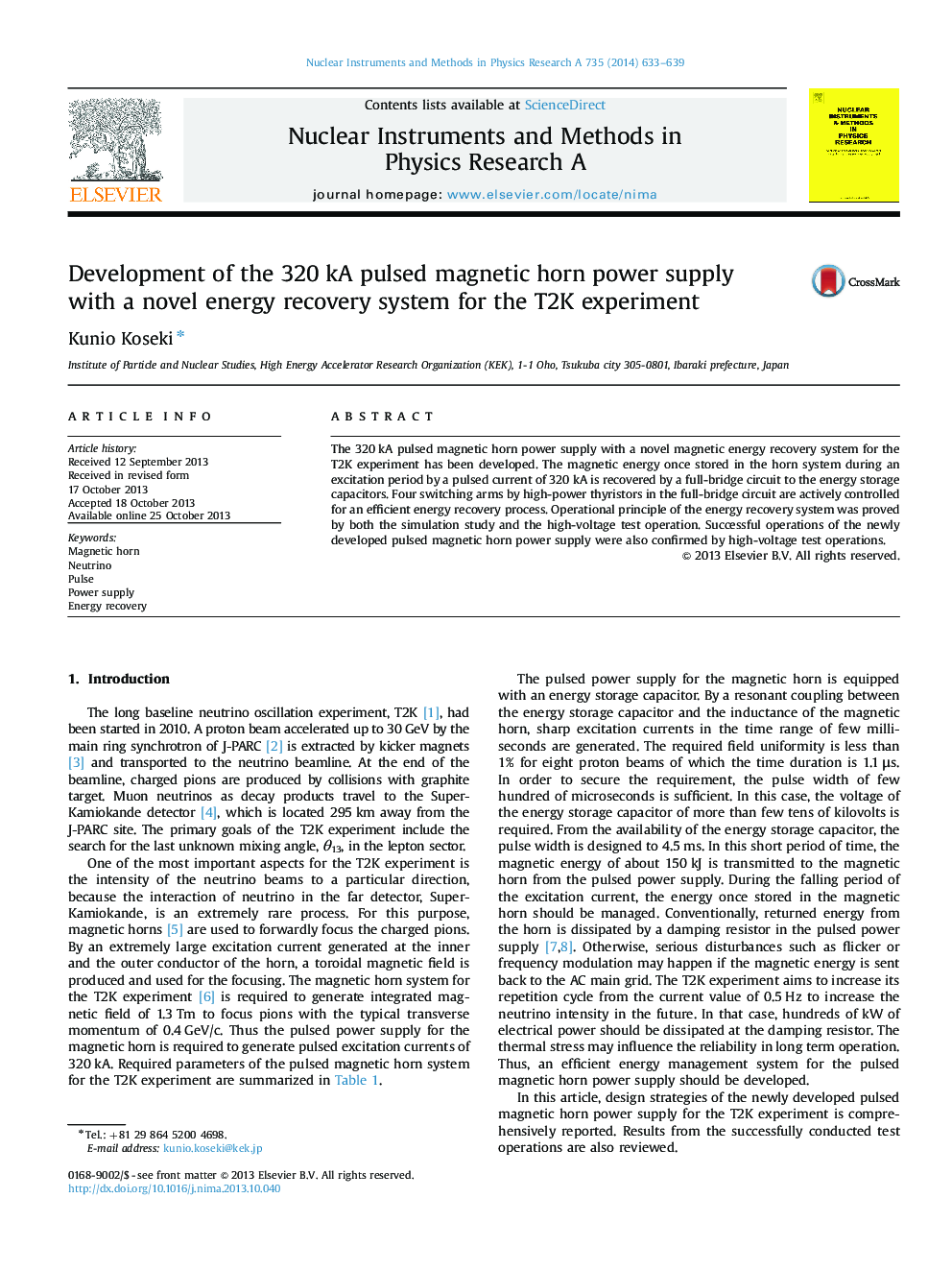 عکس صفحه اول مقاله: Development of the 320Â kA pulsed magnetic horn power supply with a novel energy recovery system for the T2K experiment Development of the 320Â kA pulsed magnetic horn power supply with a novel energy recovery system for the T2K experiment