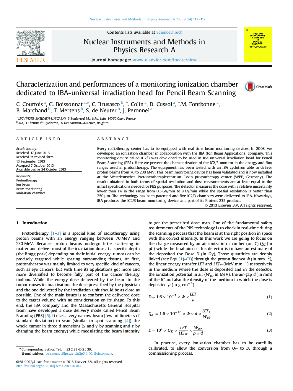 Characterization and performances of a monitoring ionization chamber dedicated to IBA-universal irradiation head for Pencil Beam Scanning