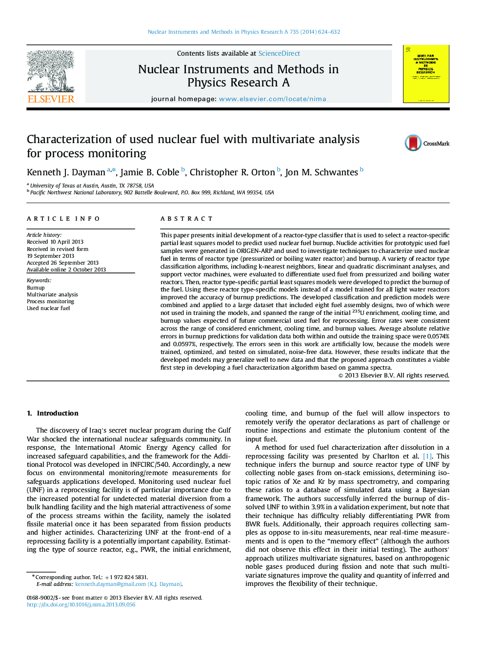 Characterization of used nuclear fuel with multivariate analysis for process monitoring