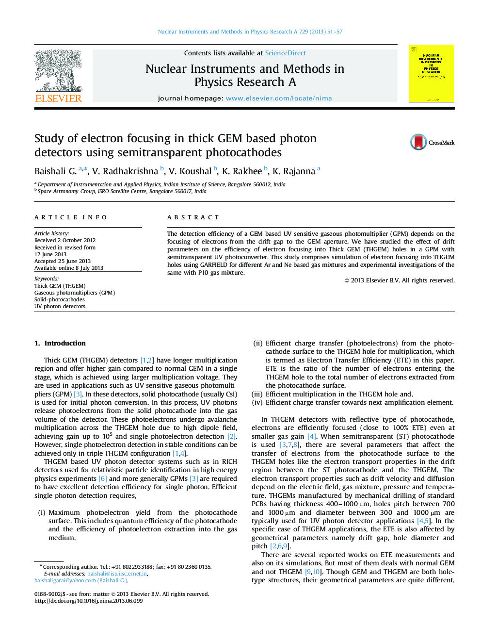 عکس صفحه اول مقاله: Study of electron focusing in thick GEM based photon detectors using semitransparent photocathodes Study of electron focusing in thick GEM based photon detectors using semitransparent photocathodes