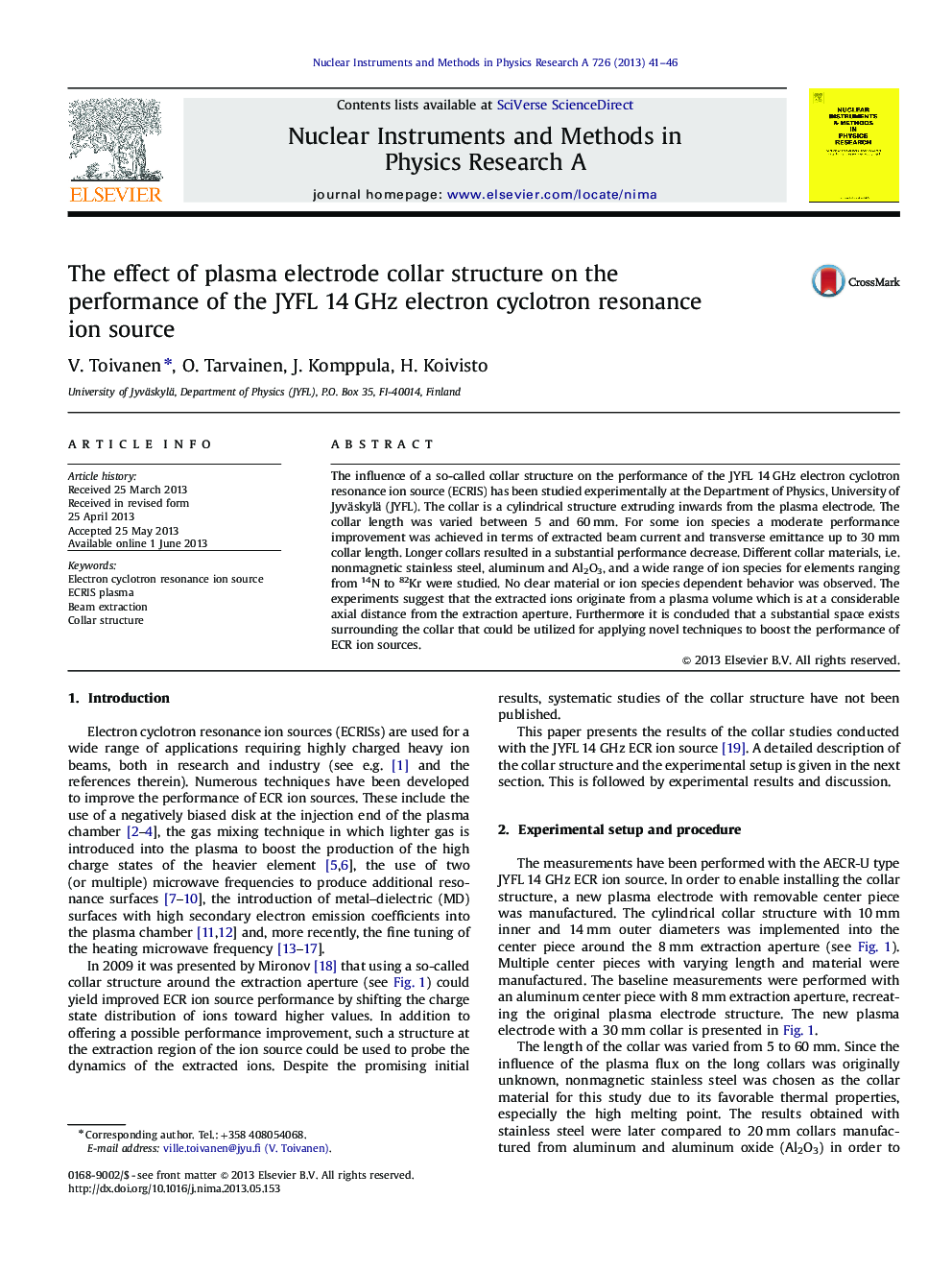 The effect of plasma electrode collar structure on the performance of the JYFL 14Â GHz electron cyclotron resonance ion source