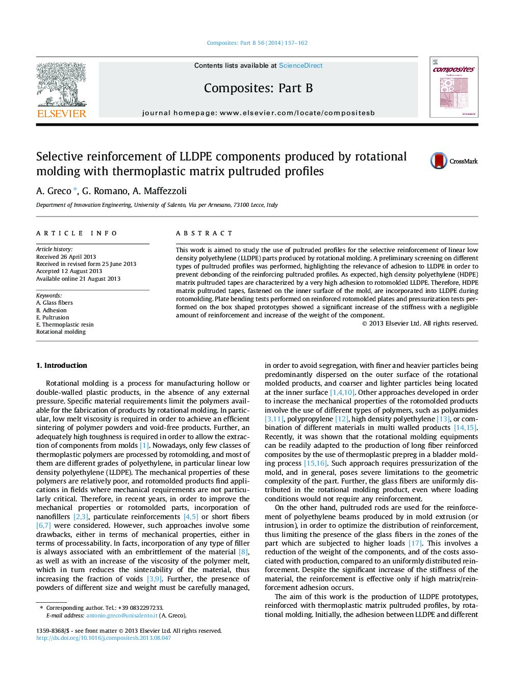 Selective reinforcement of LLDPE components produced by rotational molding with thermoplastic matrix pultruded profiles