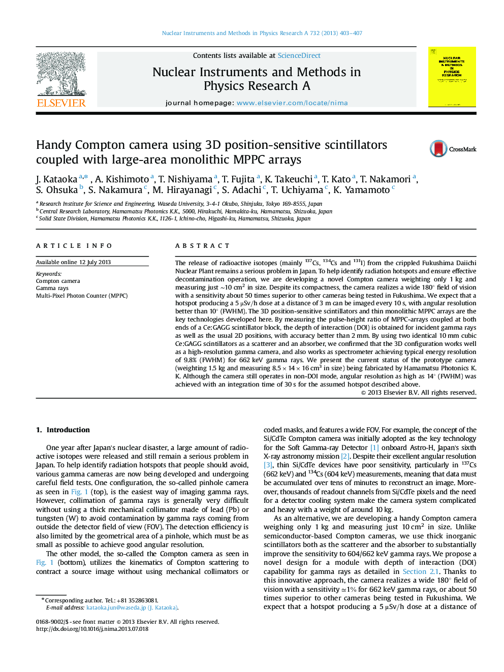 Handy Compton camera using 3D position-sensitive scintillators coupled with large-area monolithic MPPC arrays