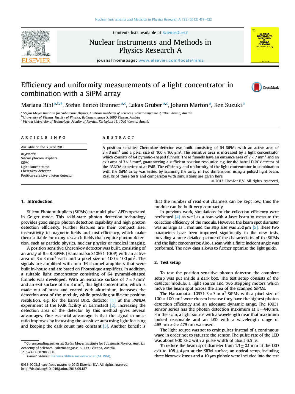 Efficiency and uniformity measurements of a light concentrator in combination with a SiPM array