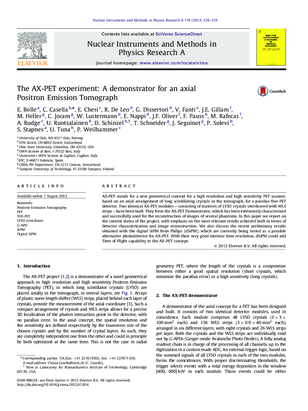 The AX-PET experiment: A demonstrator for an axial Positron Emission Tomograph
