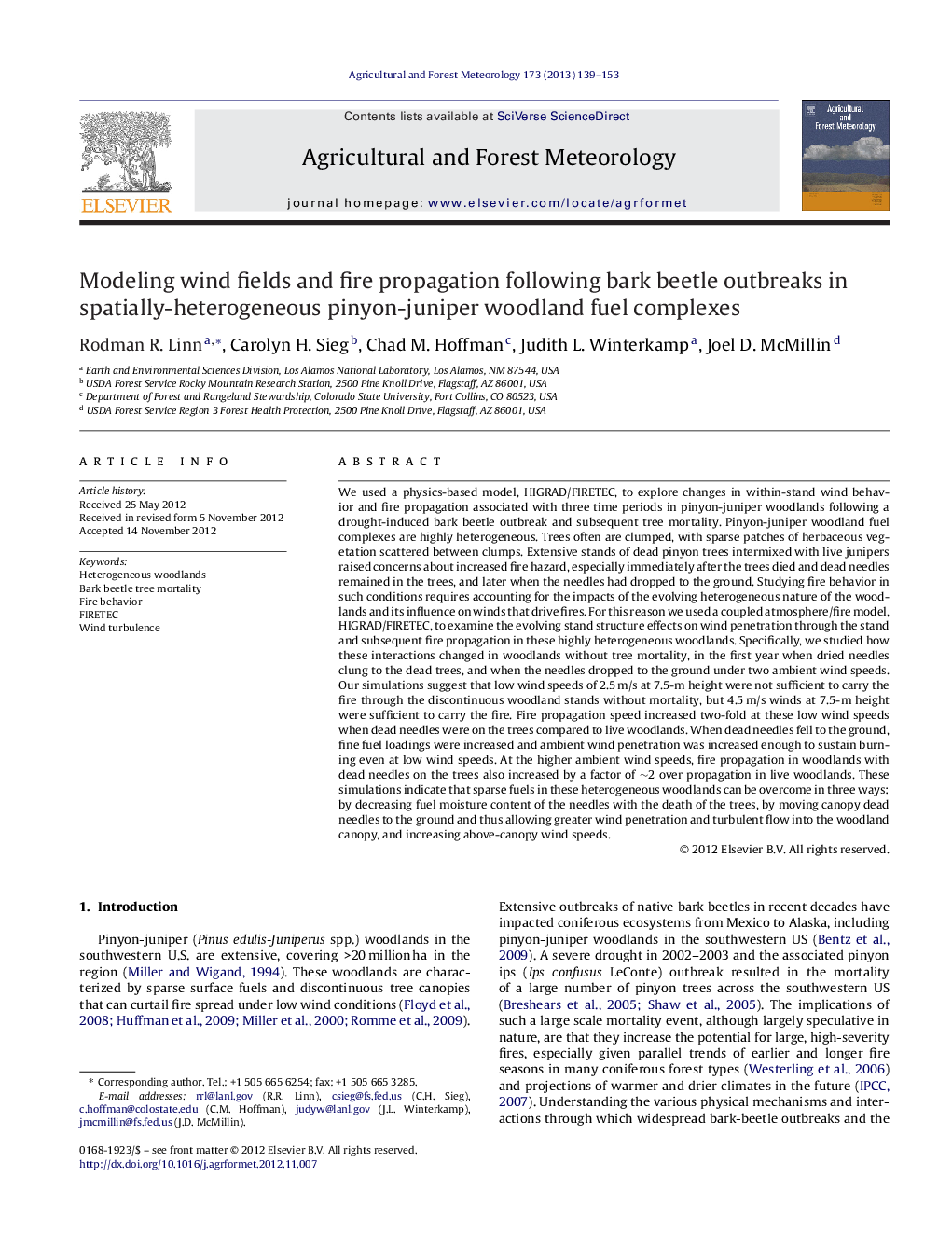 Modeling wind fields and fire propagation following bark beetle outbreaks in spatially-heterogeneous pinyon-juniper woodland fuel complexes