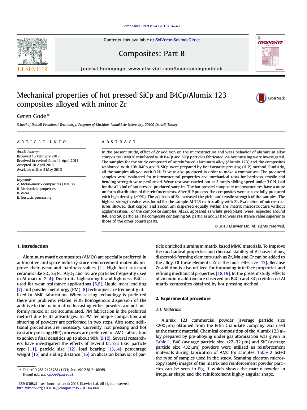 Mechanical properties of hot pressed SiCp and B4Cp/Alumix 123 composites alloyed with minor Zr