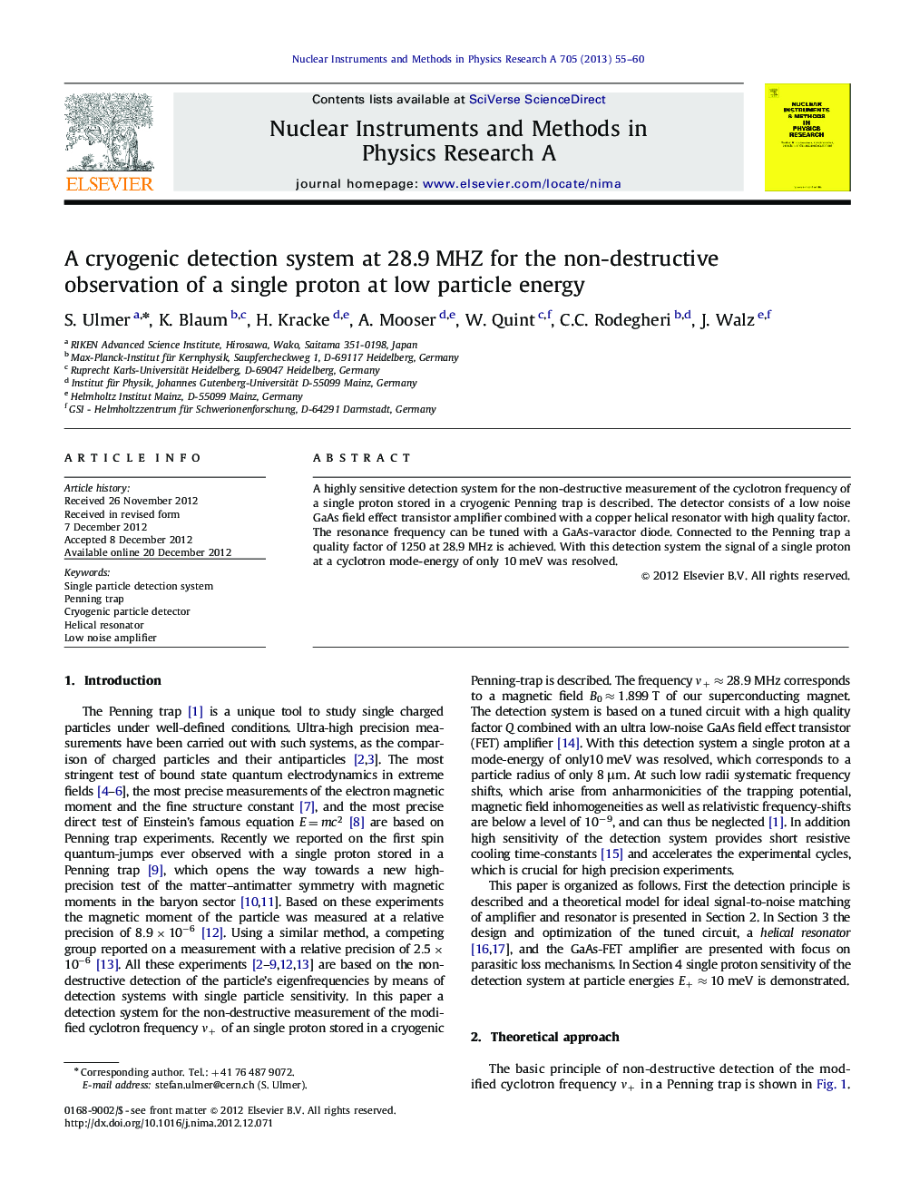 A cryogenic detection system at 28.9Â MHZ for the non-destructive observation of a single proton at low particle energy