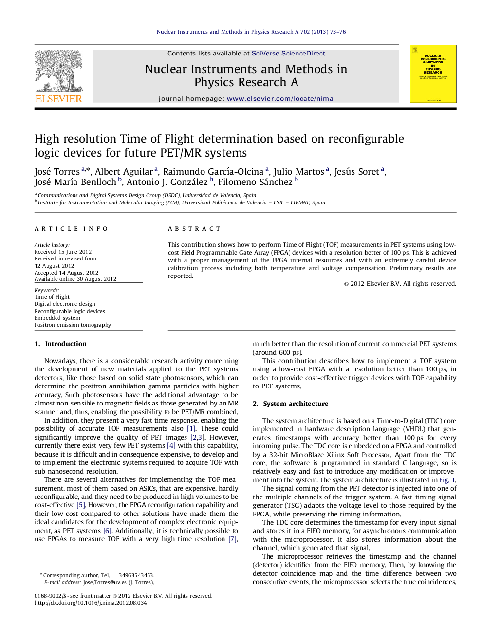 High resolution Time of Flight determination based on reconfigurable logic devices for future PET/MR systems