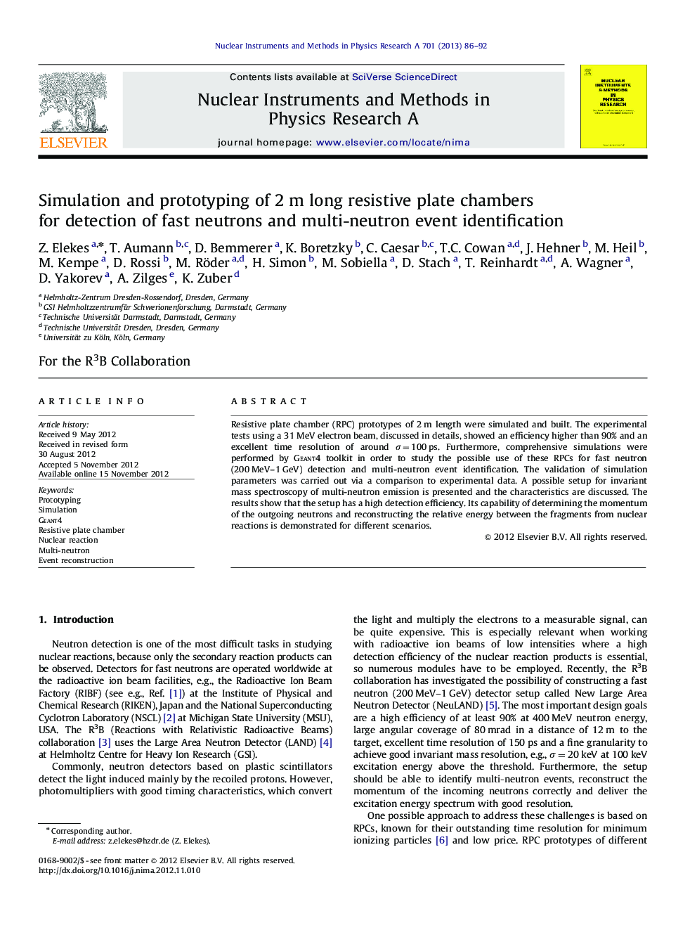 عکس صفحه اول مقاله: Simulation and prototyping of 2Â m long resistive plate chambers for detection of fast neutrons and multi-neutron event identification Simulation and prototyping of 2Â m long resistive plate chambers for detection of fast neutrons and multi-neutron event identification