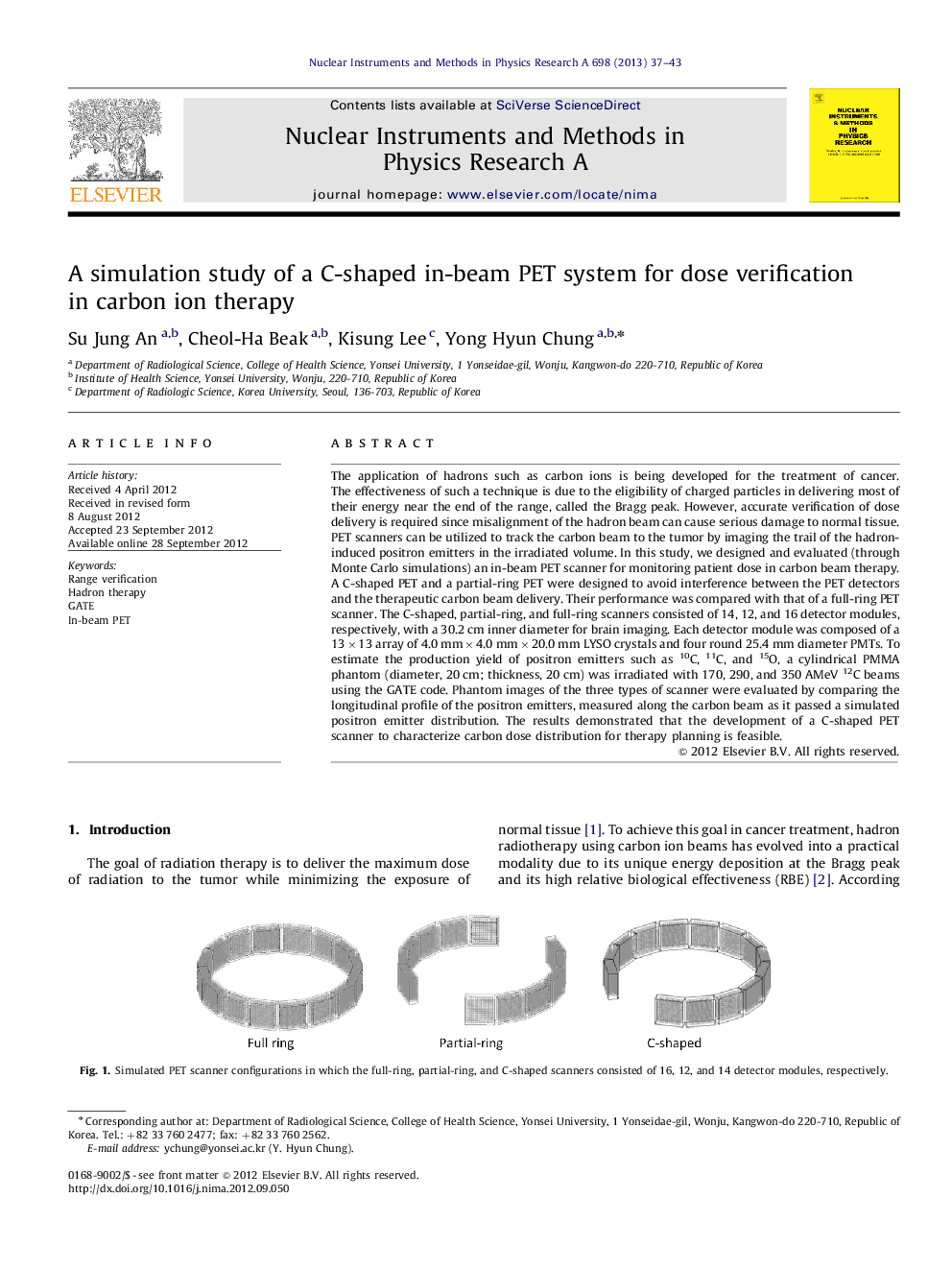 A simulation study of a C-shaped in-beam PET system for dose verification in carbon ion therapy