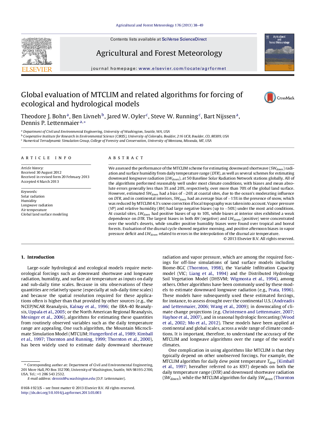 Global evaluation of MTCLIM and related algorithms for forcing of ecological and hydrological models