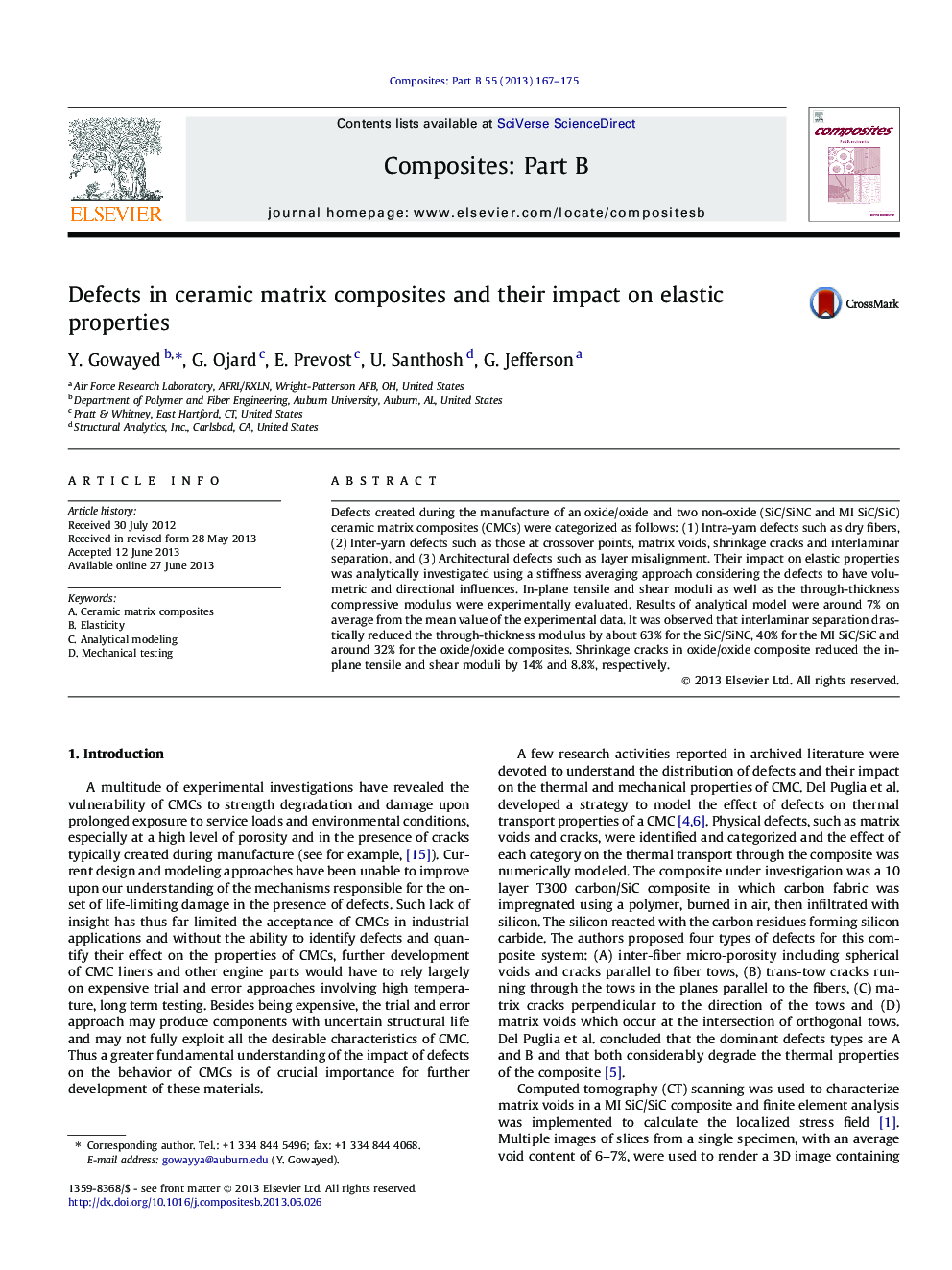 Defects in ceramic matrix composites and their impact on elastic properties