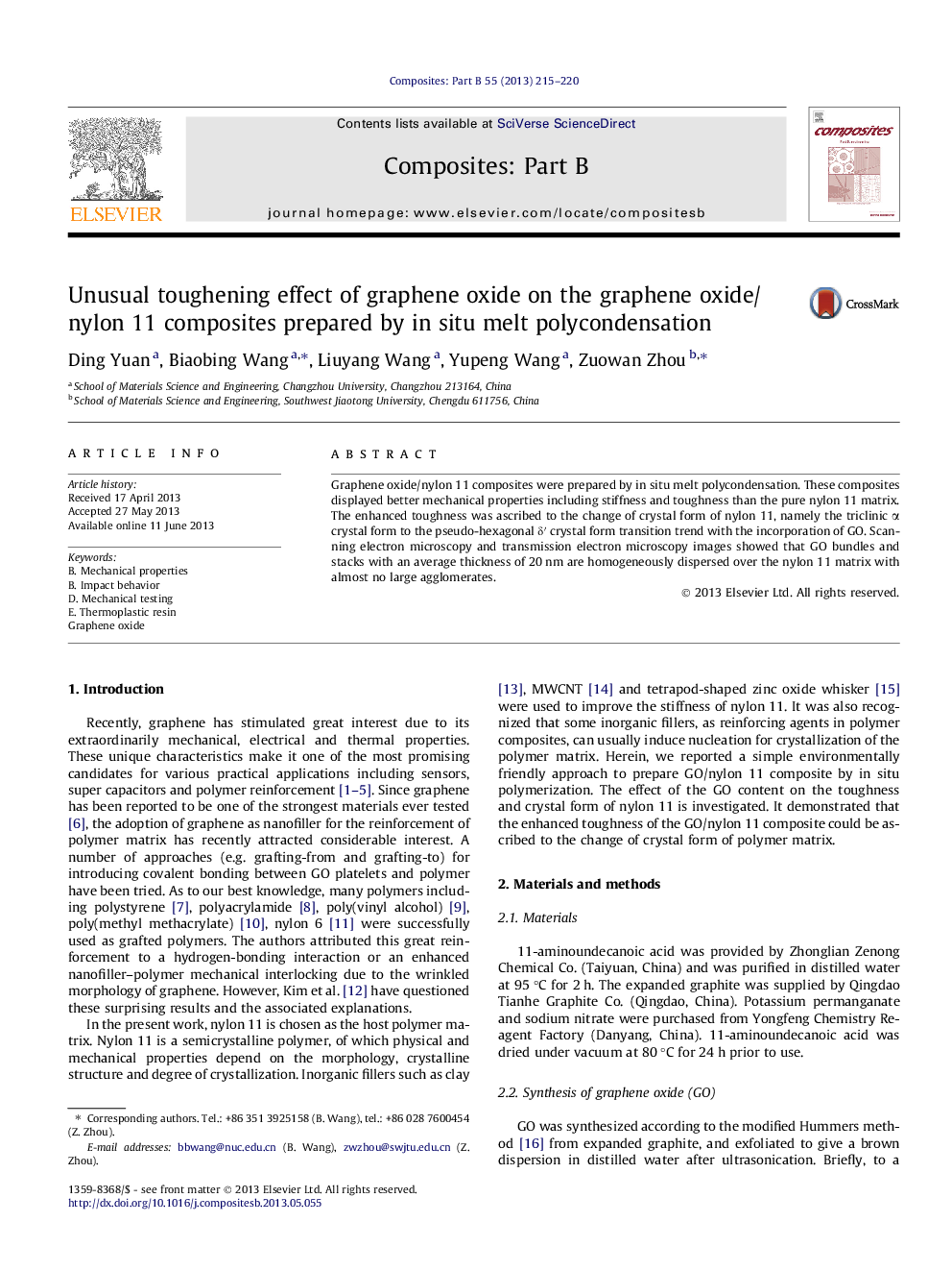 Unusual toughening effect of graphene oxide on the graphene oxide/nylon 11 composites prepared by in situ melt polycondensation