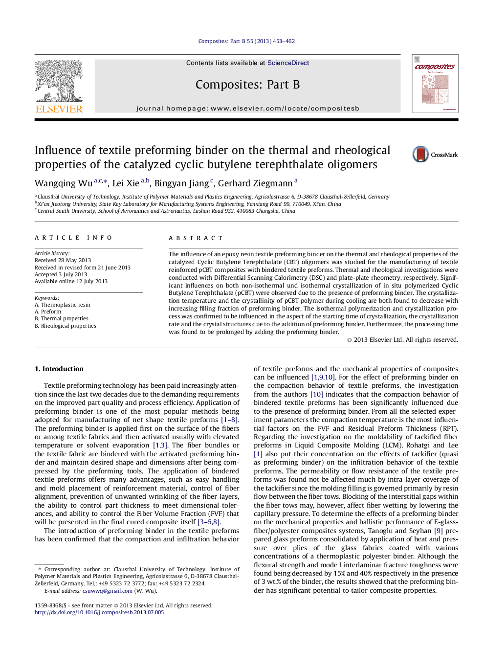 Influence of textile preforming binder on the thermal and rheological properties of the catalyzed cyclic butylene terephthalate oligomers