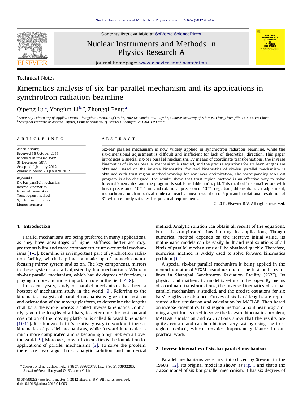 Kinematics analysis of six-bar parallel mechanism and its applications in synchrotron radiation beamline