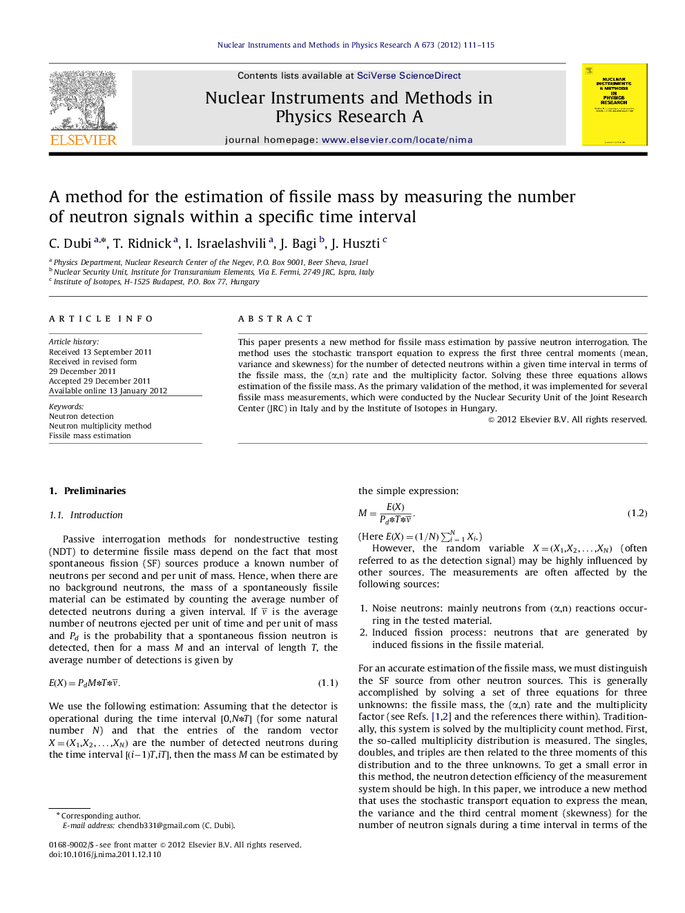 A method for the estimation of fissile mass by measuring the number of neutron signals within a specific time interval