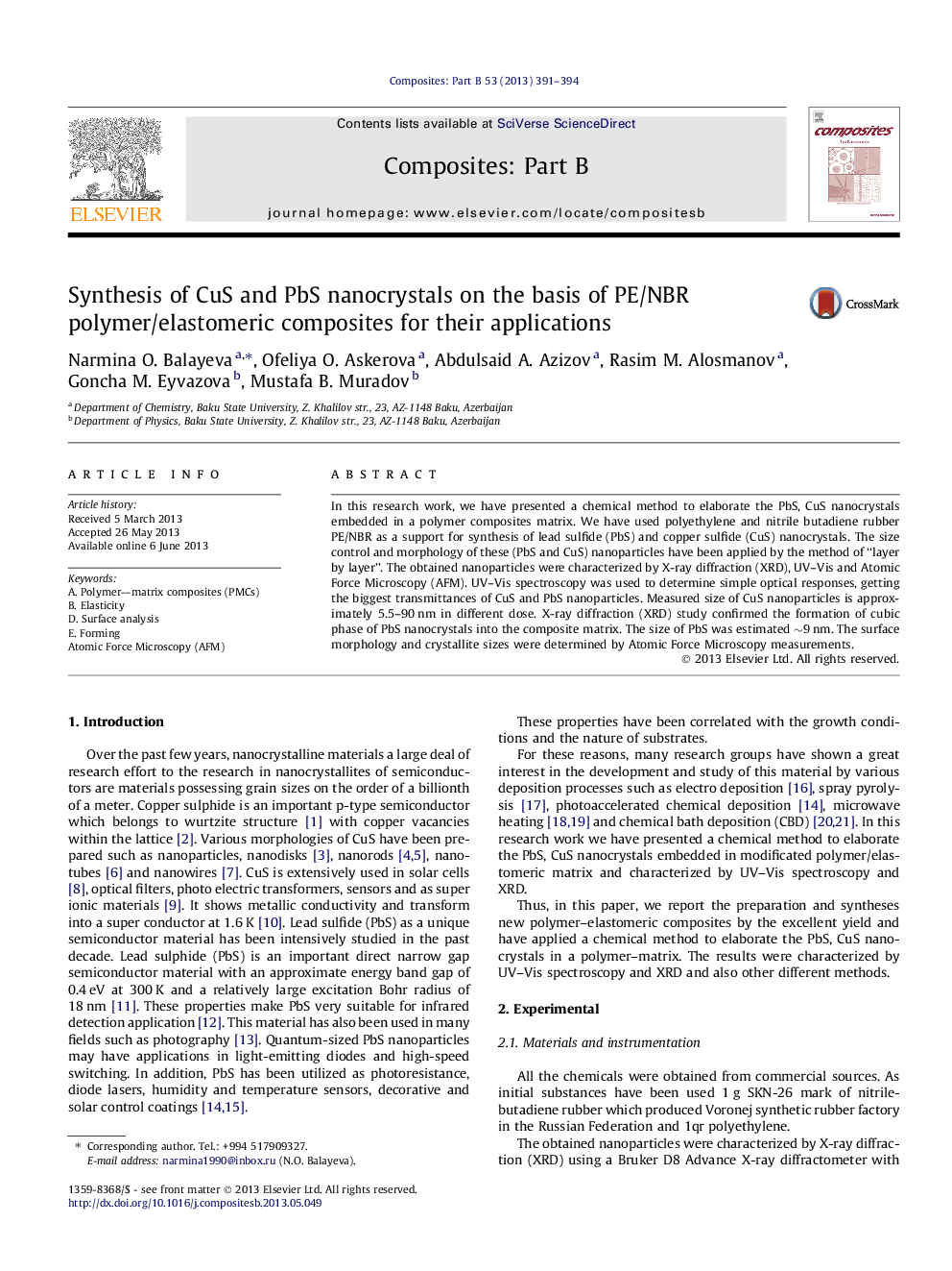 Synthesis of CuS and PbS nanocrystals on the basis of PE/NBR polymer/elastomeric composites for their applications