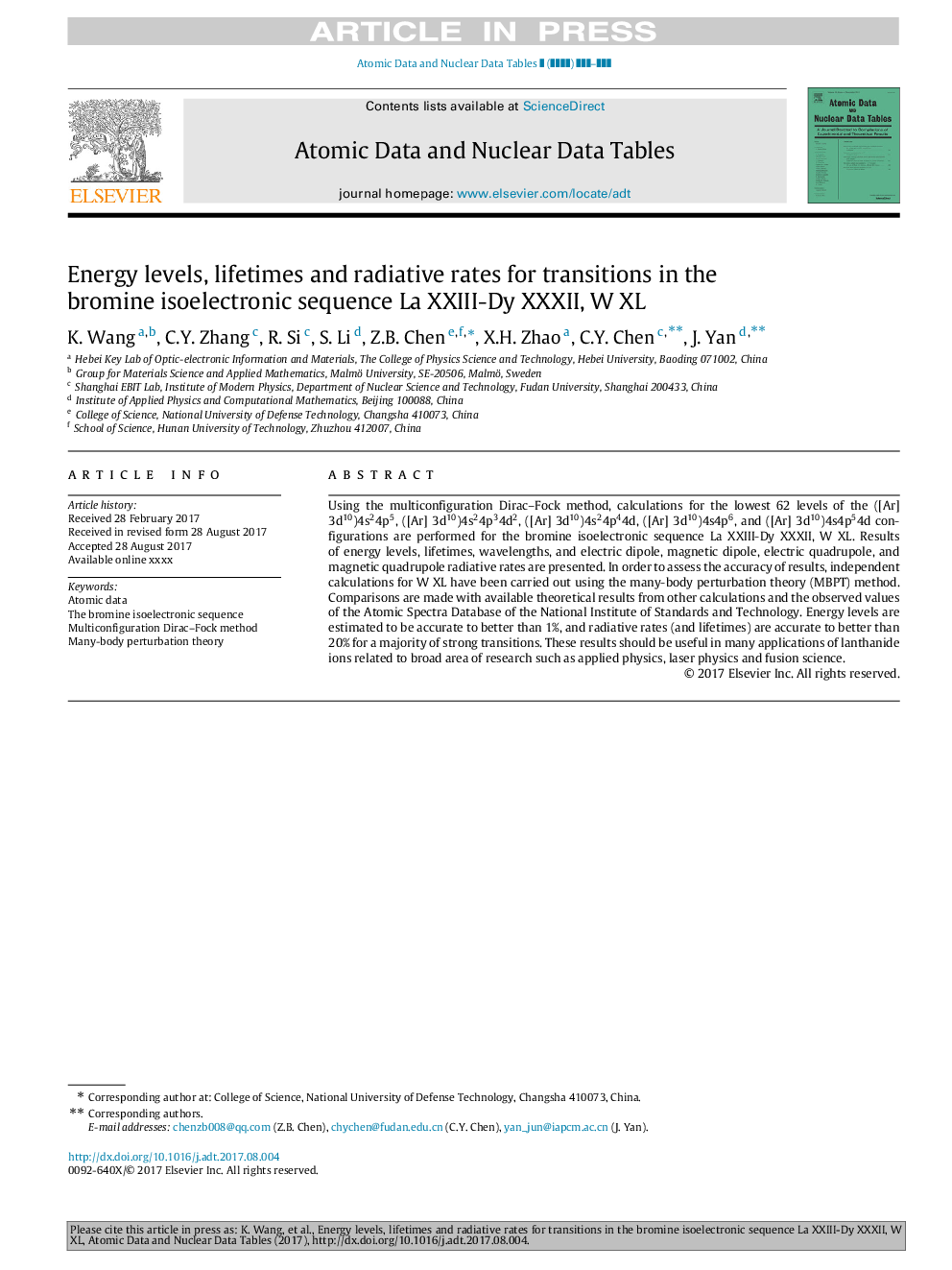 Energy levels, lifetimes and radiative rates for transitions in the bromine isoelectronic sequence La XXIII-Dy XXXII, W XL