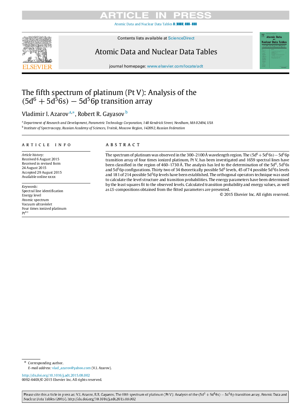 عکس صفحه اول مقاله: The fifth spectrum of platinum (Pt V): Analysis of the (5d6+5d56s)â5d56p transition array The fifth spectrum of platinum (Pt V): Analysis of the (5d6+5d56s)â5d56p transition array