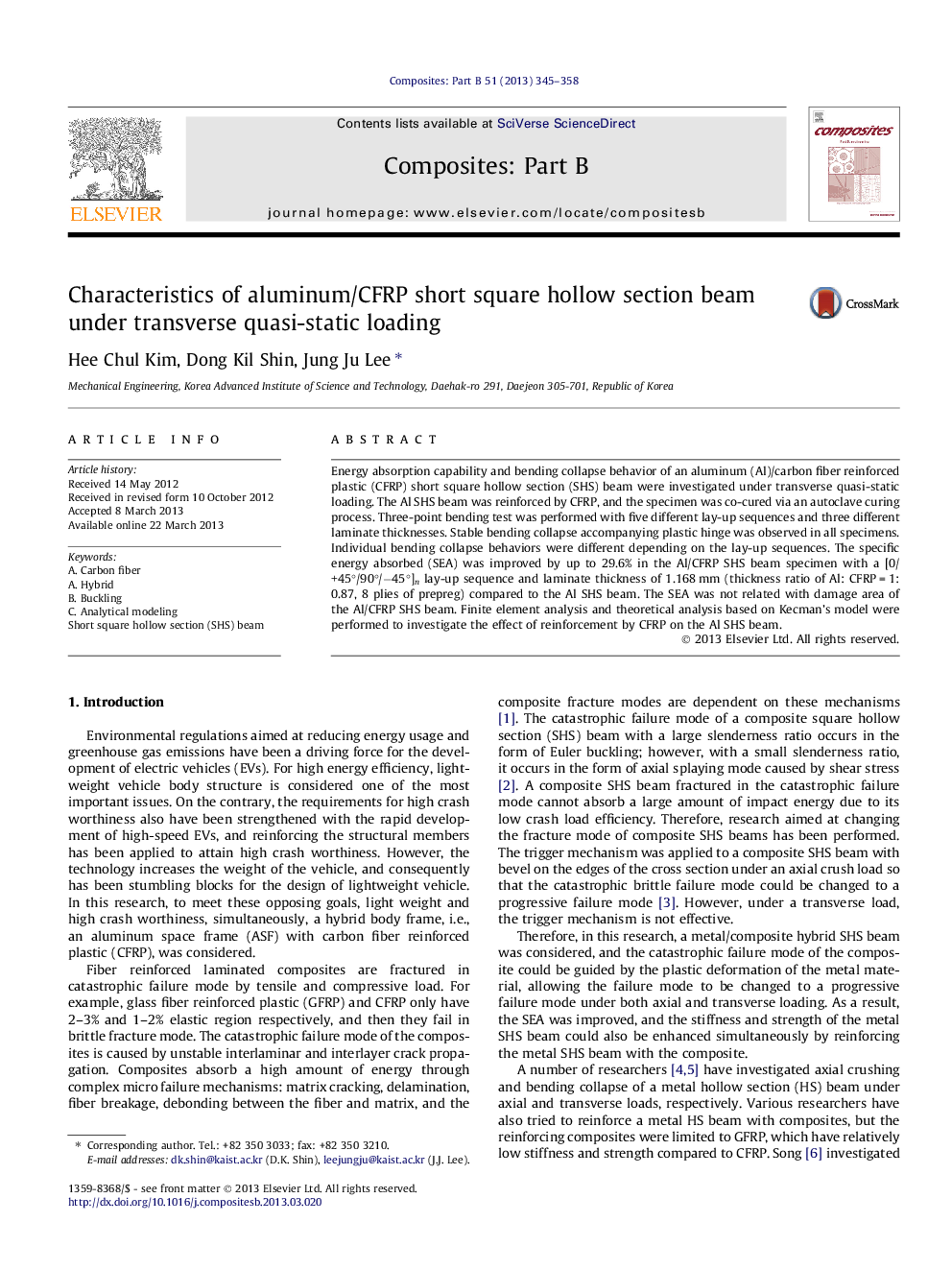 Characteristics of aluminum/CFRP short square hollow section beam under transverse quasi-static loading