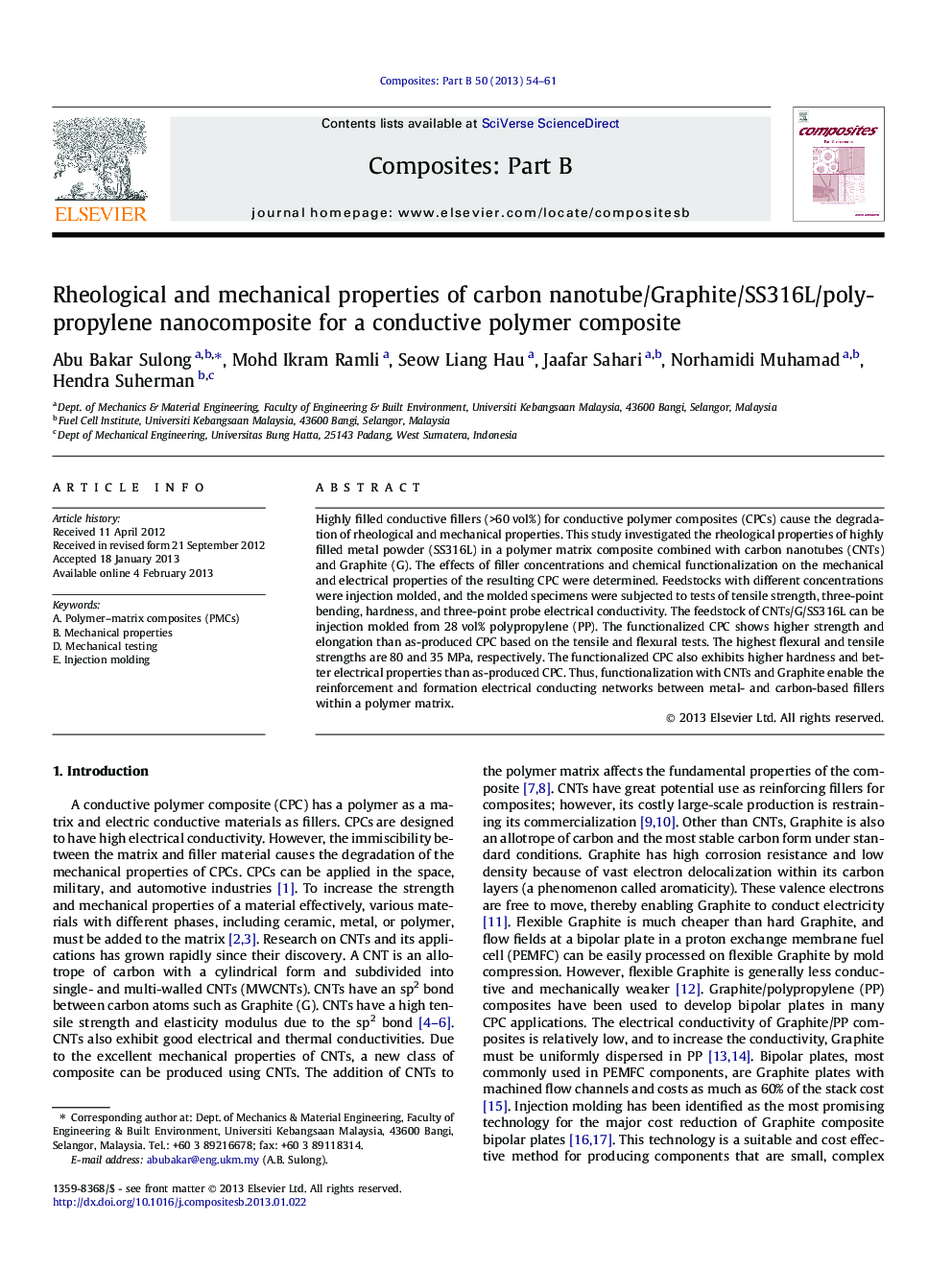 Rheological and mechanical properties of carbon nanotube/Graphite/SS316L/polypropylene nanocomposite for a conductive polymer composite
